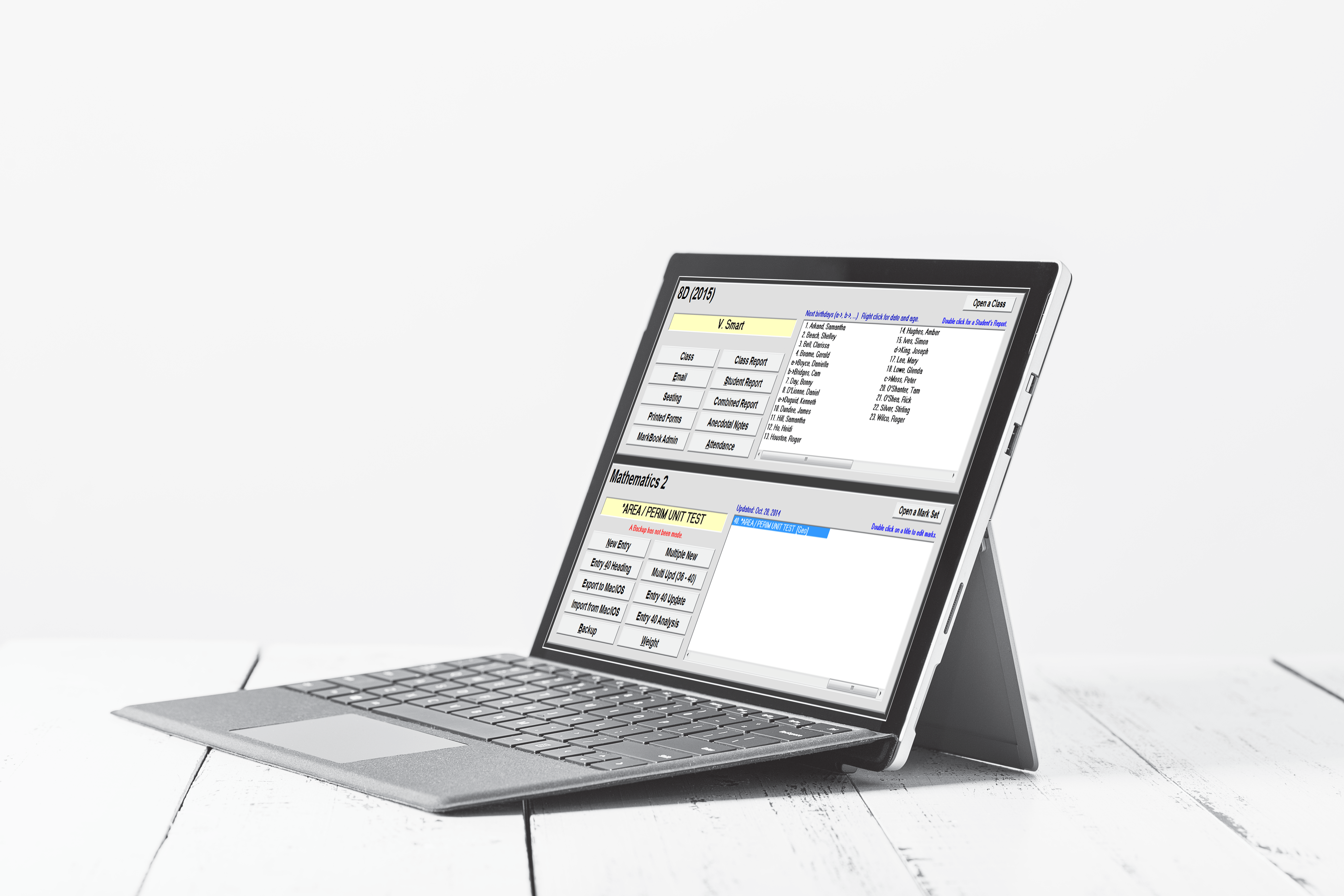 Surface Tablet showing MarkBook Dashboard